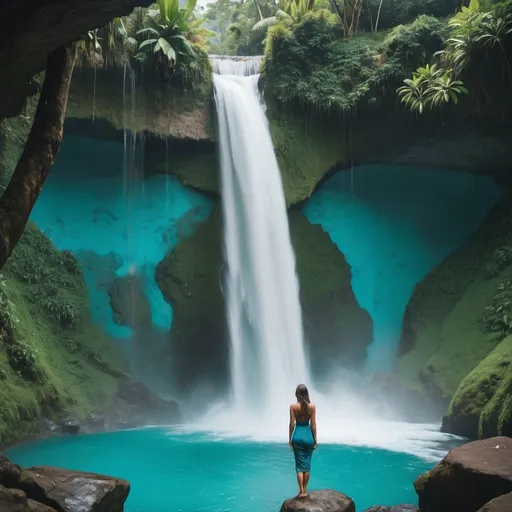 Prompt: Photo of a hidden waterfall in Bali in the style of eyecatching, natural elements, nature-inspired color schemes, a majestic waterfall, turquoise blue water, a woman standing under the falls facing the camera, beautiful nature, a dreamy scenery. --ar 35:62 --style raw