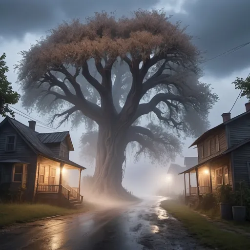 Prompt: Create a village road house with a dried huge tree with mist and mog in the atmosphere twilight zone 