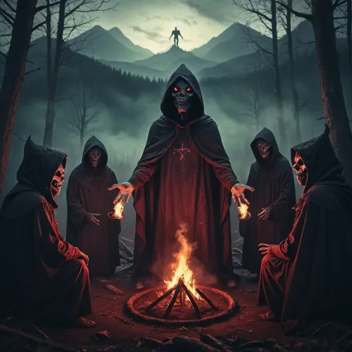 Prompt: Satanic ritual in forest, hooded people in a circle, horrifying demon with frog face, hazy background, realistic epic, rutkowski, hdr, intricate details, hyperdetailed, cinematic, rim light, muted colors: 1.2, dark fantasy, dark sky, with dark mountains in the background, dark atmosphere, fear, horror, torches of fire, red, dark forest, night, scary