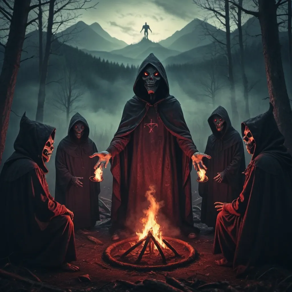 Prompt: Satanic ritual in forest, hooded people in a circle, horrifying demon with frog face, hazy background, realistic epic, rutkowski, hdr, intricate details, hyperdetailed, cinematic, rim light, muted colors: 1.2, dark fantasy, dark sky, with dark mountains in the background, dark atmosphere, fear, horror, torches of fire, red, dark forest, night, scary