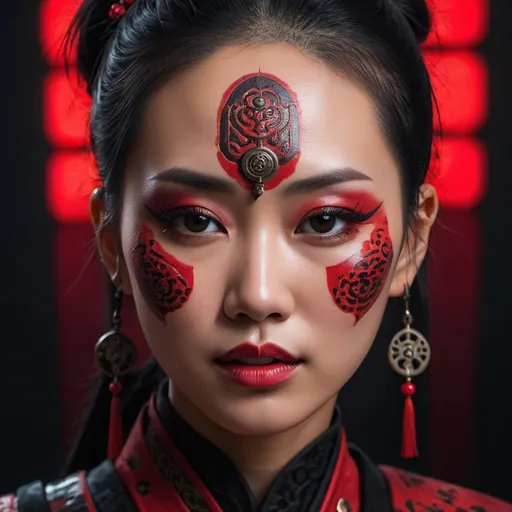 Prompt: Close-up of woman with red and black makeup, Oriental Face, beautiful oriental woman, detailed face of a asian girl, inspired by Hedi Xandt, portrait shot, asian face, asian woman, Regal and formidable appearance, Dramatic lighting on the face, Portrait of a cyberpunk samurai, inspired by Jin Nong