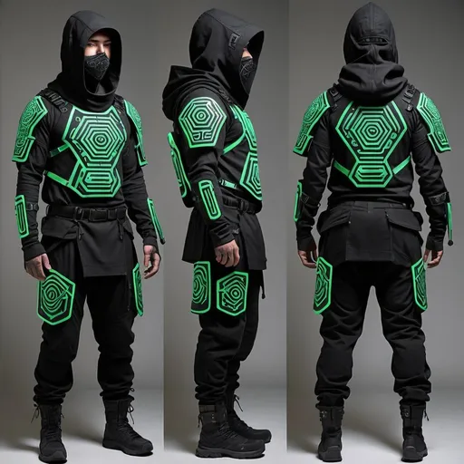 Prompt: Cyberpunk  tribal shamanic  futuristic tactical  gear nomad shamanic clothing
pant , hoodie poncho shamanic onaments full face covering sheild  tactical sheild with multiple big and small pockets and pouches all over the body like a combat worrior from shoulders to shin and tactical  trek style intricate patterns pockets  samurai style pants 
tech wear black fabric  with symbol and cryptic signs and hexoganal hive patern designs in neon uv green