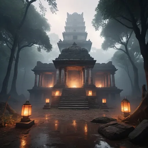 Prompt: An ancient ruins of an Indian  teple  for sacrifice and blood on the floorthe rain forest with mysty dense fog and smoke in the baground octate render unreal lightings, highly detailed , photo realistic , unreal engine 5,  depth of view, add noise, Effet de vent：1.9，Effets de nuage：1.2，Rendu complet，Encaustic painting,flammes, epic, dawn, fog, dramatic lighting, glowing floating  lightings and lanterns in the trees at a distance blurry baground 