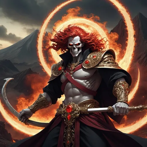 Prompt: Hades，The Grim Reaper armed with a giant scythe,（wear：black robe，），fire breathing eyes，angry expression，(hairstyle: red curly hair，)，beard, roman mythology，8k wallpaper,good quality eyes，right eye，right hand， Super detailed, beautiful and beautiful, masterpiece, best quality, (Fractal art: 1.3), mountains, Machine detailed, Dynamic angle, Cowboy shooting, The most beautiful form of chaos, elegant, brutalist design, Bright colors, , volcano,hell, bubble, shells, Blood, pearl，magma,flame, Libra, shells, skull, soul，Hold the scythe，Retro Style，（tangled，mandala，tangled，entangled）， (Fractal art: 1.3)，divine light，gold foil，gold foil艺术，flash drawing，delicate face