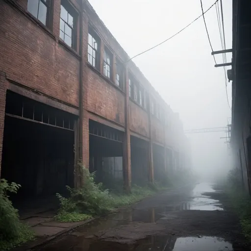 Prompt: Scary environments, ghosts, industrial site smoke mist fog in the atmosphere creepers taking over the place details --auto