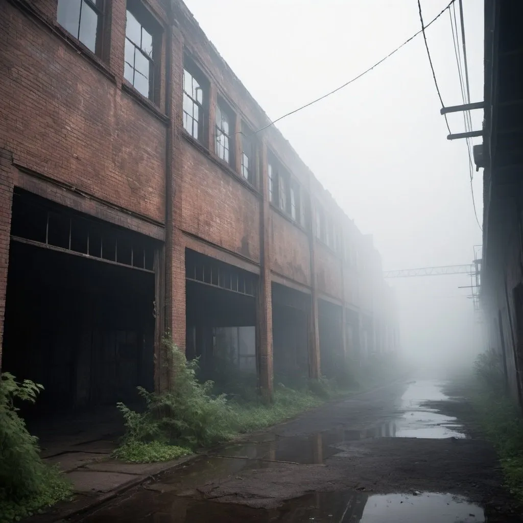 Prompt: Scary environments, ghosts, industrial site smoke mist fog in the atmosphere creepers taking over the place details --auto