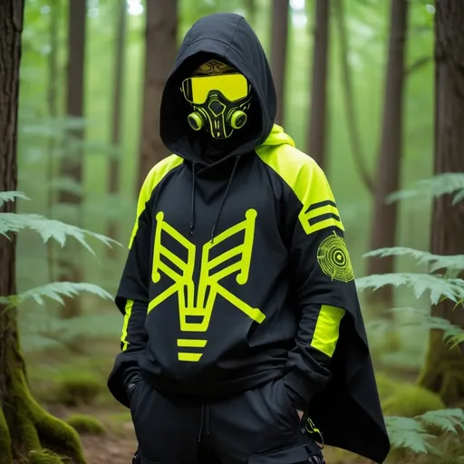 Prompt: Cyberpunk shamanic  futuristic tactical  gear nomad shamanic clothing
pant , hoodie poncho shamanic onaments face tactical mask 
tech wear black fabric  with symbol and cryptic signs and hexoganal hive patern designs in neon uv yellow and white forest baground blured baground camera lense