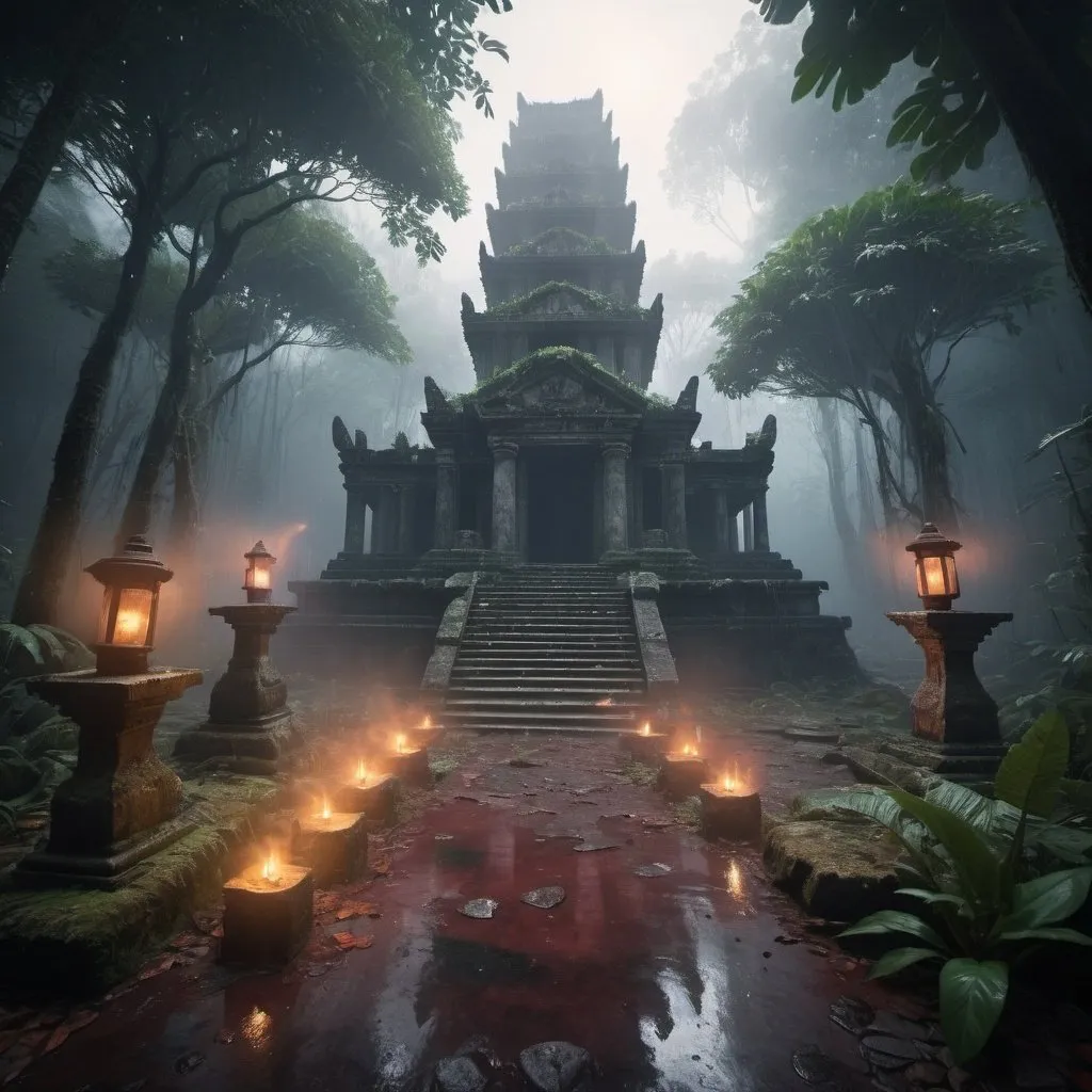 Prompt: An ancient ruins of temple in the rain forest for sacrifice and blood on the floorthe rain forest with mysty dense fog and smoke in the baground octate render unreal lightings, highly detailed , photo realistic , unreal engine 5,  depth of view, add noise, Effet de vent：1.9，Effets de nuage：1.2，Rendu complet，Encaustic painting,flammes, epic, dawn, fog, dramatic lighting, glowing floating  lightings and lanterns in the trees at a distance blurry baground 