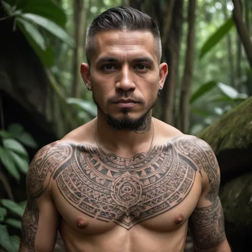 Prompt: (Mejor calidad，4k，8k，high resolusion:1.2)，Ultra - detallado，Realista，fotorrealista:1.37,hombre rudo rapado con tatuajes por todo el cuerpo, vestido de monje en un templo del amazonas - **Apariencia**: Rudo, rapado, tatuajes por todo el cuerpo. - **Vestimenta**: Monk Robe. - **Tatuajes**: Intrincados, tribales, Symbols of Mystical Tribes and Animalirada**: Intensa, determinada, sabia. - **Ambiente**: Templo en la selva del Amazonas, connection to nature.mirada desafiante con gesto grosero