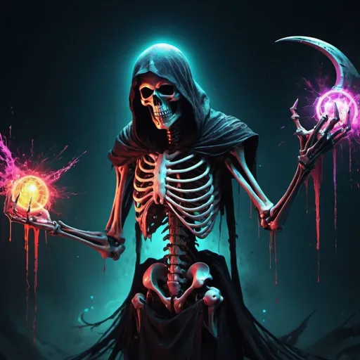 Prompt: death reaper, Biomechanics, strange, scary, Nightmare, very bright colors, light particles, with bright light, Mshiff, Wallpaper art, UHD wallpaper