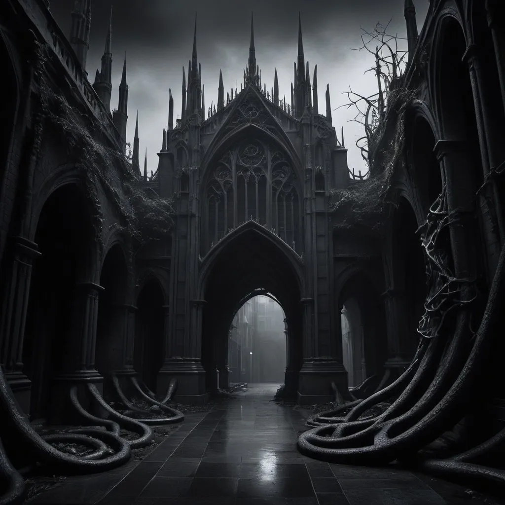 Prompt: Biomorphic Noir Gothic, A sprawling, shadow-drenched metropolis emerges, a labyrinthine blend of organic forms and noir aesthetics. Biomorphic structures, resembling twisted vines and skeletal remains, intertwine with art deco spires. The environment exudes an eerie, enigmatic aura, cloaked in perpetual night. The mood is one of dark mystery, where secrets lurk in every crevice. Atmosphere is heavy, a fog of uncertainty shrouding the scene. Lighting manifests in stark, dramatic contrasts - noirish spotlights pierce through the organic gloom, casting chiaroscuro patterns and infusing the setting with a sense of impending revelation.