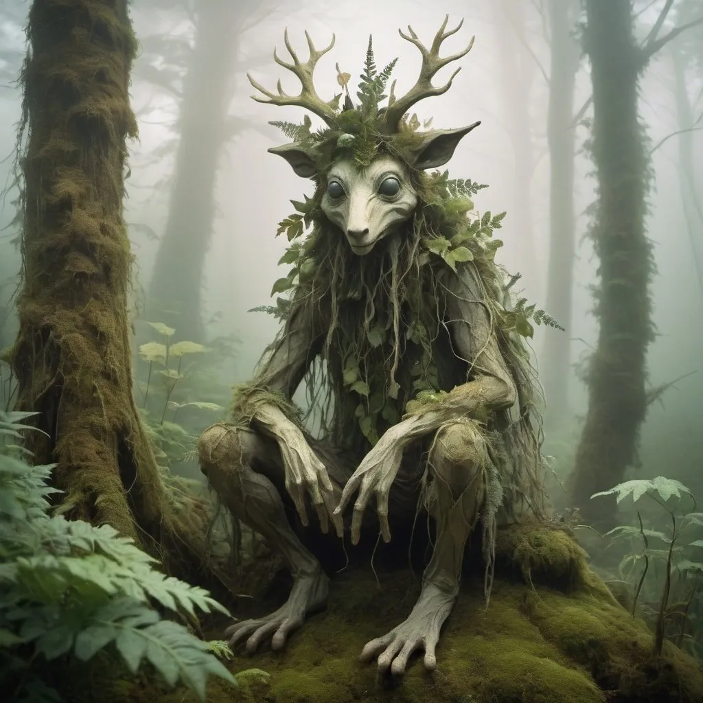 Prompt: A forest creature made from dense fog, surrounded by mist and lush vegetation. In the style of Wendy Froud's eco-art.