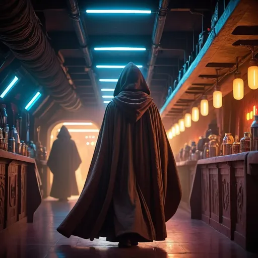 Prompt: hooded figure, star wars character art, walking away, Togruta species, looking straight ahead, wool cloak, flowing long cloak dress, cinematic level shot, standing in a cantina, lots of lights, cantina background, neon lights background