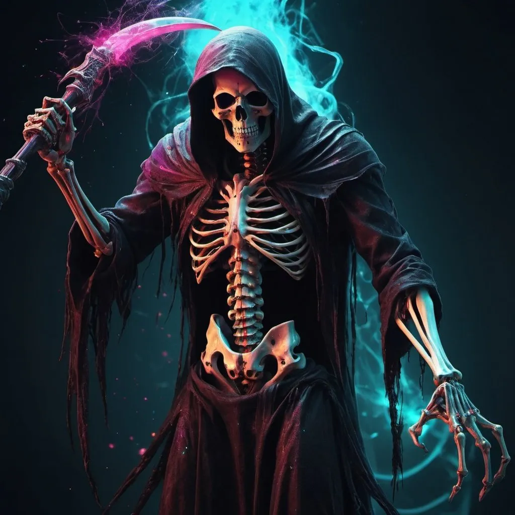 Prompt: death reaper, Biomechanics, strange, scary, Nightmare, very bright colors, light particles, with bright light, Mshiff, Wallpaper art, UHD wallpaper