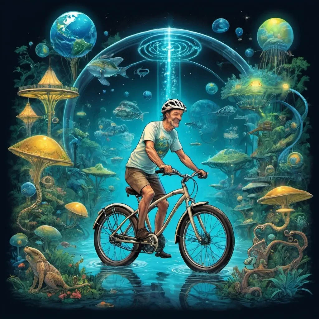 Prompt: Illustration for t-shirt design in theme of luminous wonderland for LED lighting Dr Albert Hoffman riding his bycycle with his trails museum names Glow Planet. The are zone about avatar jumgle, underwater world, reflection light tube