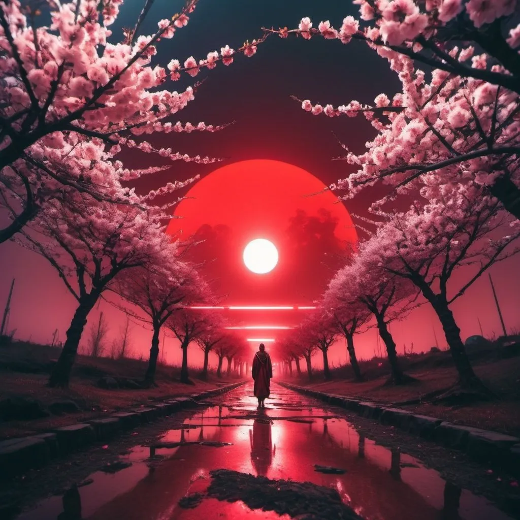 Prompt: No Text, Wide Angle Photography, (SamuraiNqrd:1) (CosmicGate:1.6), early morning Red Sun, Cherry Blossoms esthetic glitch art  shaman tribals civilization cyberpunk concept blury neon lightings