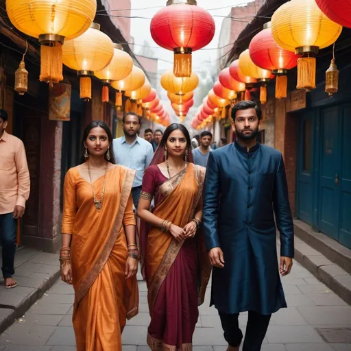 Prompt: portrait shot of 3 indianwearing ethnic wear walking a street covered in an arbitrarium of lanterns. ;close up ;realistic ;boca