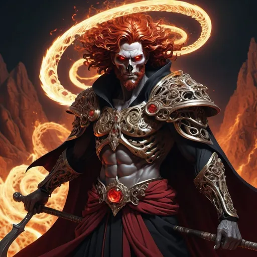 Prompt: Hades，The Grim Reaper armed with a giant scythe,（wear：black robe，），fire breathing eyes，angry expression，(hairstyle: red curly hair，)，beard, roman mythology，8k wallpaper,good quality eyes，right eye，right hand， Super detailed, beautiful and beautiful, masterpiece, best quality, (Fractal art: 1.3), mountains, Machine detailed, Dynamic angle, Cowboy shooting, The most beautiful form of chaos, elegant, brutalist design, Bright colors, , volcano,hell, bubble, shells, Blood, pearl，magma,flame, Libra, shells, skull, soul，Hold the scythe，Retro Style，（tangled，mandala，tangled，entangled）， (Fractal art: 1.3)，divine light，gold foil，gold foil艺术，flash drawing，delicate face