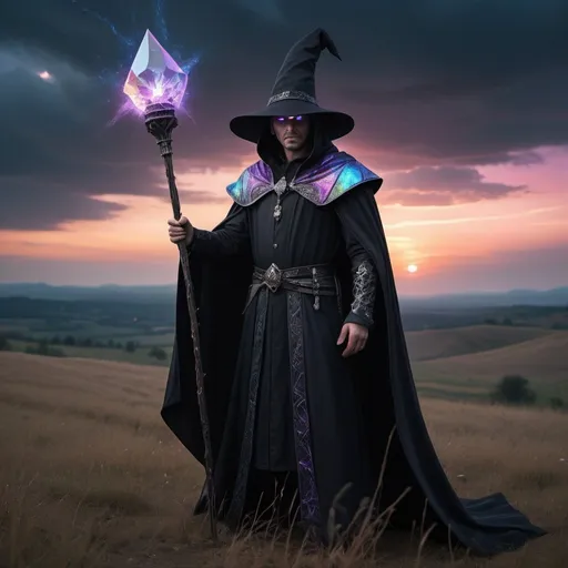 Prompt: A High Mage with a very large wizard's hat that covers part of his face, Angry face with neon flash lit eyes, holding his crystal staff, full black long clothing and cloak, full black clothing, emanating an extremely dark aura, Body full length, FULL BLACK, {extremely detailed 8k CG unit wallpaper}, expansive landscape photography, (a low view focusing on character and setting), (wide open field view), (low angle shot ), (high light: 1.0), (low light: 1.6), (warm light source: 1.2), complex details, (iridescent colors: 1.8), (bright lighting), (atmospheric lighting), dreamy, magical, surrealistic