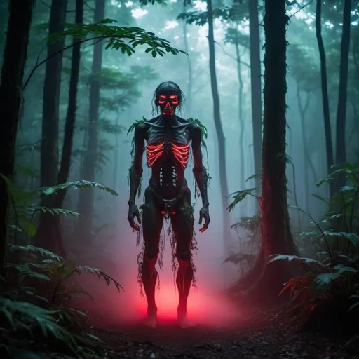 Prompt: Create a rainforest with mist and fog in the atmosphere with with neon red glowing lights behind the trees and an scary horrofing entity standing in the forest cinematic photoshoot