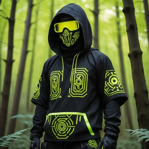 Prompt: Cyberpunk shamanic  futuristic tactical  gear nomad shamanic clothing
pant , hoodie poncho shamanic onaments face tactical mask 
tech wear black fabric  with symbol and cryptic signs and hexoganal hive patern designs in neon uv yellow and white forest baground blured baground camera lense