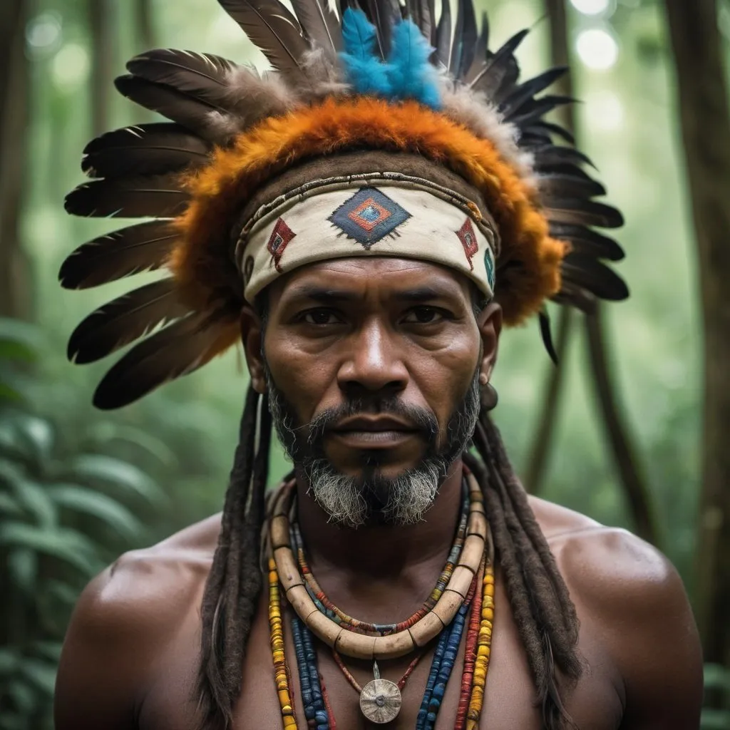 Prompt: there is a man with a feather headdress and a beard, indigenous man, ancient tribe, witch - doctor, ayahuasca shaman, african man, dramatic portraiture of namenlos, color photograph portrait 4k, 8k artistic portrait photography, anthropological photography, portrait shot, portrait shot 8 k, portrait of a forest mage, portrait of a warrior