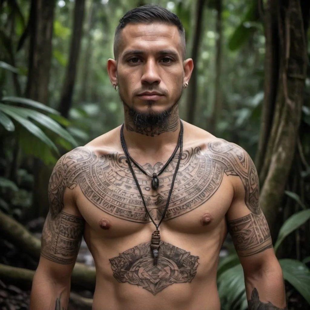 Prompt: (Mejor calidad，4k，8k，high resolusion:1.2)，Ultra - detallado，Realista，fotorrealista:1.37,hombre rudo rapado con tatuajes por todo el cuerpo, vestido de monje en un templo del amazonas - **Apariencia**: Rudo, rapado, tatuajes por todo el cuerpo. - **Vestimenta**: Monk Robe. - **Tatuajes**: Intrincados, tribales, Symbols of Mystical Tribes and Animalirada**: Intensa, determinada, sabia. - **Ambiente**: Templo en la selva del Amazonas, connection to nature.mirada desafiante con gesto grosero