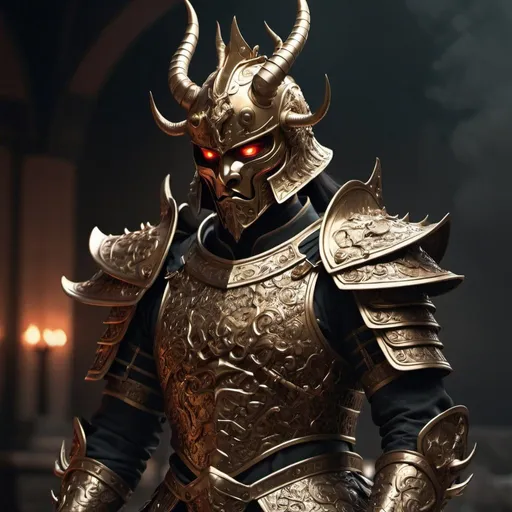 Prompt: warrior, concept-art, author：Kishiganku, Fantasy art, battleground background, clean render, a horned, Wear a suit of armor, Detailed bushido form smoke, helmet of a forgotten deity, character is standing, 8k Realistic, in game render, detailed face background detail, Art station front page, taur, Pseudo-medieval fantasy, A deity wearing koi armor, detailed bronze armor, Bronze armor, golden etched armor, gold obsidian armor, Light gold armor, Gorgeous filigree armor, A demonic warrior, Gorgeous armor full of thorns, Intricate assasin armor, Intricate metal armor, powerful warrior, Dressed in gorgeous gold armor，Decorated with intricate patterns, The helmet has a large crown and two horns,Glowing red eyes， Everything is in the dark, The smoky background alludes to battle scenes, Add an ominous aura to his character，submission, Full body shot.