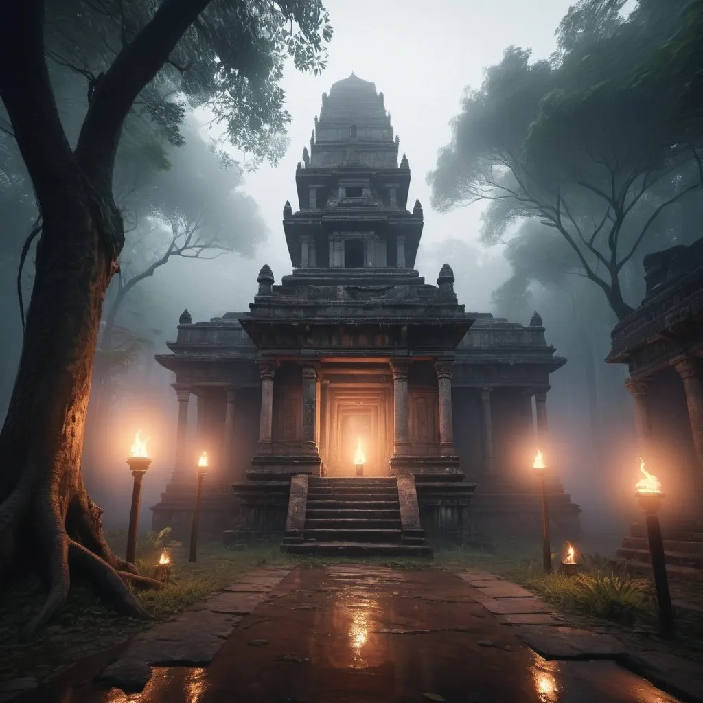 Prompt: An ancient ruins of an Indian  teple  for sacrifice and blood on the floorthe rain forest with mysty dense fog and smoke in the baground octate render unreal lightings, highly detailed , photo realistic , unreal engine 5,  depth of view, add noise, Effet de vent：1.9，Effets de nuage：1.2，Rendu complet，Encaustic painting,flammes, epic, dawn, fog, dramatic lighting, glowing floating  lightings and lanterns in the trees at a distance blurry baground 