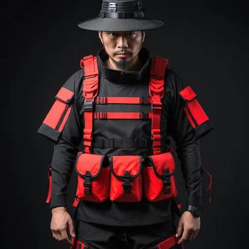 Prompt: Tech wear traditional  akira  kurosawa samurai design with multipal tactical pockets for storage straps and cryptic symbols in uv neon red  geared tactical wear