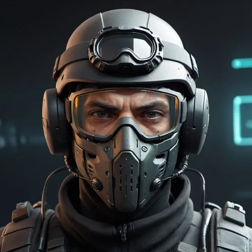 Prompt: Close-up of a man wearing a helmet and goggles, cyberpunk soldier, futuristic soldier, Specifications - Action Leader with mask, FPS games, Anton Fadeev 8K, sci-fi soldier, FPS games concept art, special ops mask, fps shooting game, Specifications - Action Leader, Future combat equipment, Rendu portrait 8k, FPS games concept