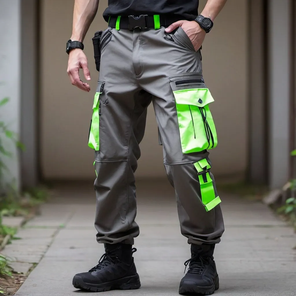 Prompt: Tech wear Spanish grey pants with multipal tactical pockets for storage straps and cryptic symbols in uv neon greenJapanese streat wear cargo pants