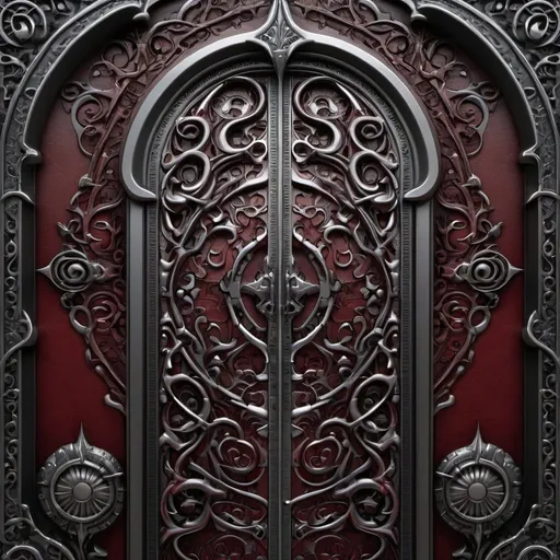 Prompt: gothic baroque design elements, ornate symmetrical patterns, fantasy door background, digital art in the style of Kienan Lafferty, inspired in the style of H.R. Giger and Michael Zooey, intricate dark red black leather with silver metal accents --ar 8:5 --s 750 --v 6.0