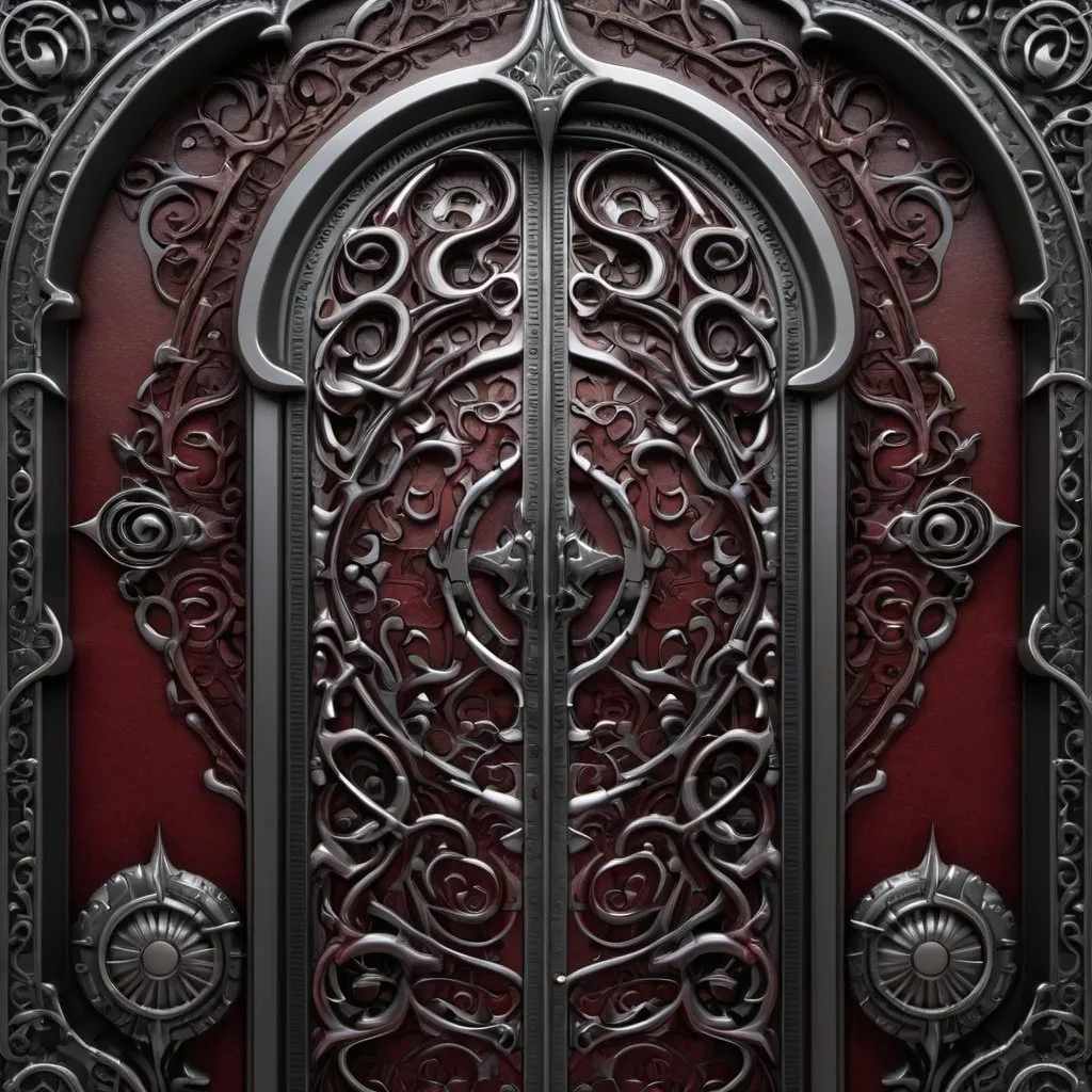 Prompt: gothic baroque design elements, ornate symmetrical patterns, fantasy door background, digital art in the style of Kienan Lafferty, inspired in the style of H.R. Giger and Michael Zooey, intricate dark red black leather with silver metal accents --ar 8:5 --s 750 --v 6.0