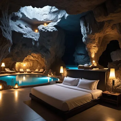 Prompt: make a photo-realistic image of a a large hotel room in the luxury hotell deep down in a large cave, 100 meters below ground. The cave is black, but many small lights make it light. Next to the hotel is a natural blue lake. The room is dark, with many small lights. It has a double bed and an indoor jacuzzi facing The cave
