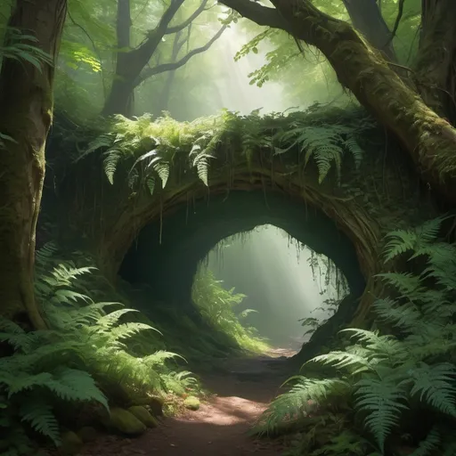 Prompt: A hidden cave entrance, camouflaged behind a tapestry of emerald green vines, ancient trees with gnarled branches, and a profusion of overgrown ferns and foliage, in a dense, misty forest, where dappled sunlight filters through the canopy above, casting intricate shadows on the forest floor, with only a faint, subtle outline hinting at the mysterious, ancient passage within, inviting exploration and discovery, created with hyper-realistic detail, complete with textures, ridges, and organic imperfections, showcasing the beauty of nature's concealment.mist and fog in the atmosphere neon glow lighting in the background