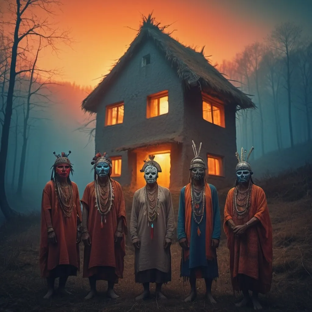 Prompt: A photoshoot of a tribal homes by sunset by the hill in the forest with tribals wearing ornaments and tribal mask and tribal clothes with cinematic uv lightings in the bagrpund blured photoshoot style of Zdzislaw Beksinski