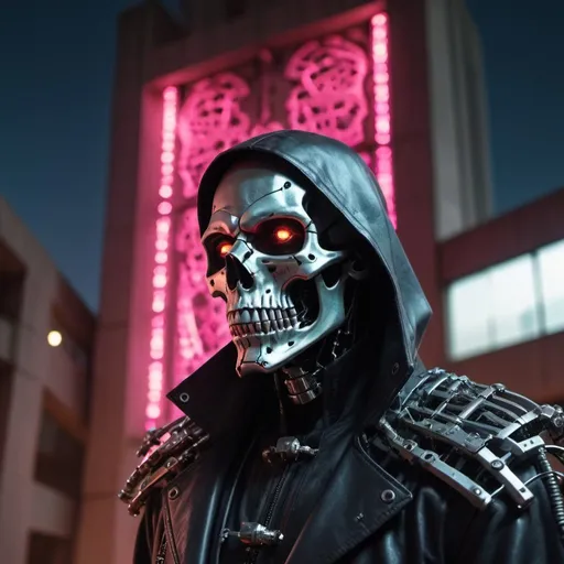 Prompt:  Reaper portrait from Marvel dressed as metal-skull with intricate angular cybernetic implants inside a brutalist building, gothic brutalist graveyard, cyberpunk, Foto premiada, Bokeh, Neon lights, cybernetic, fireworks in the background.