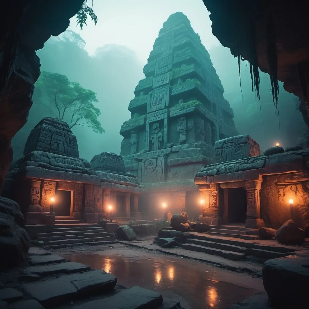 Prompt: breathtaking shallow depth of field, a tribal civilization with tribal homes with realistic lightings tribals doing their  daily activities big  cave  walls written with tribal signs and criptic symbols in neon glowing lightings  cyber punk aesthetic cinematic  lightings smoky atmosphere stone  boulder wide and huge tall with cryptic tribal signs.  Ancient ruins of temple with statues with cryptic symbols glowing on the statues and temple walls Glowing in radium in a rain  forest with mist and foggy atmosphere bokeh, ethereal scenery by Atey Ghailan, insanely beautiful and atmospheric, aesthetical cinematic lightings neon baground

