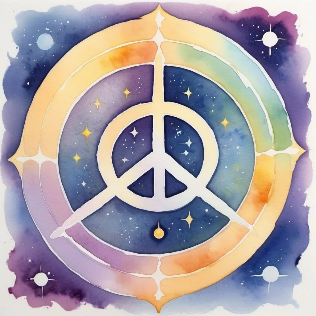 Prompt: Master of Life and Peace::1 serene, tranquil atmosphere, hub logo, radiant energy, cosmic harmony, painted with watercolor --ar 5:1 --s 250