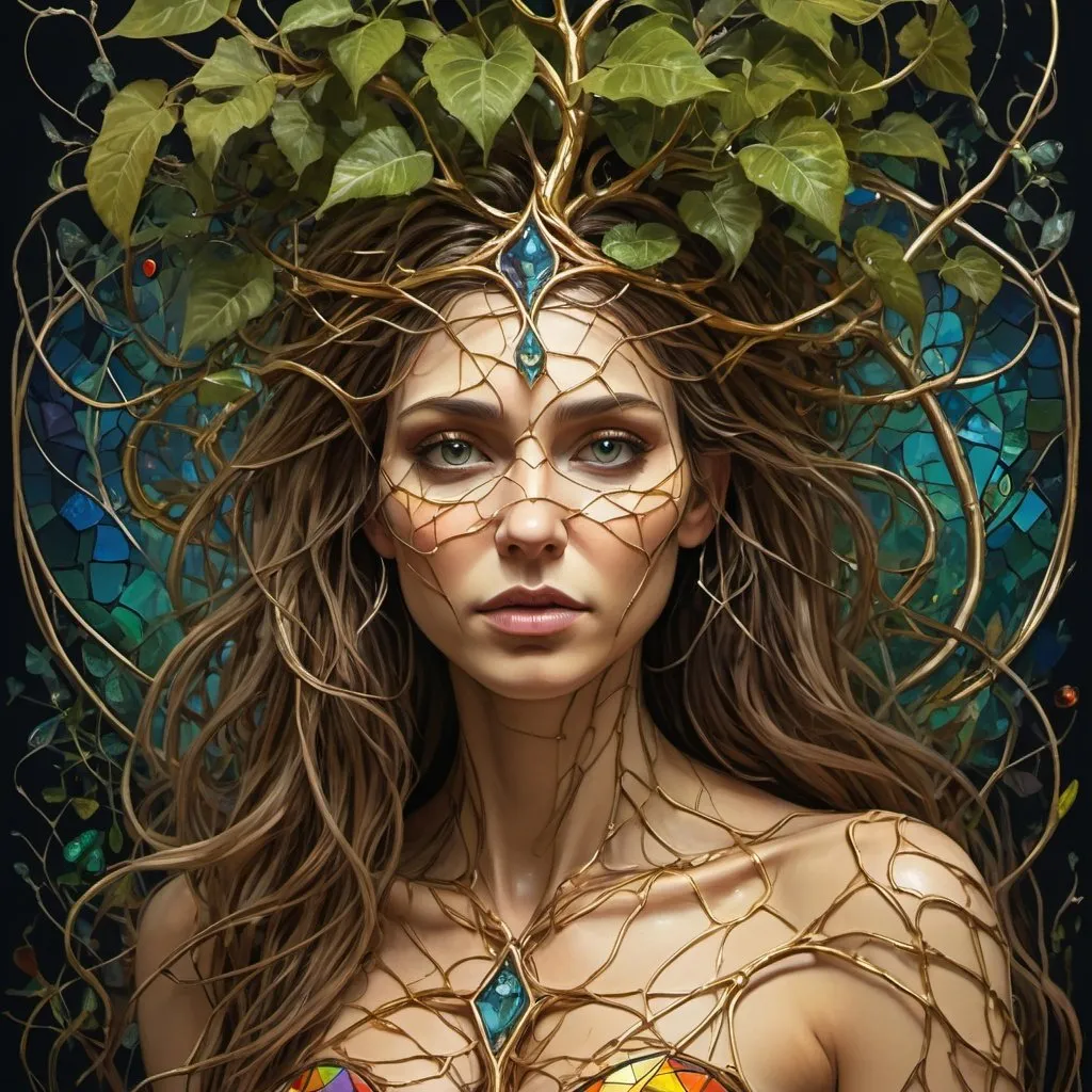 Prompt: Plant Maiden，Vine Princess，Witch of Thorns，Beautiful line art photo，Use gold strokes and rainbow paint，Golden Maiden，the golden ratio，Melted wax，Visible brush strokes，surrounded by crystal spheres，3D Mosaic Wireframe，neuroimaging，neurons，The Tree of Life，colours，California，intense emotion，oil on the canvas，Thick strokes，insanely details，8k ultra high definition，tmasterpiece，art  stations，ultra-realistic realism，plant witch，Vine Queen，Witch of Thorns