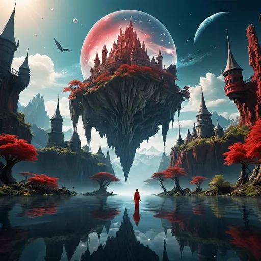 Prompt: (Masterpiece)),((Best quality)),((High- sharpness)),((Realistic,))In a red dream, (Background with：Deep in space),(Biomechanical moving castle)，There are complex cities,the street,（salama:1.2),(Spotted creek beast:1.2)Mysterious outer space, Floating mountains, avatar landscape, Water channels, (Hallelujah Hanging Mountain:1.2), (Giant castle floating in the air: 1.5), (Reflection), (Bizarre and fascinating plants from outer space), Floating islands, , Movie dystopia, Epic matte painting, Dutch Golden Age painting, Fuji colors, Shining, Blurry, fading border, partial underwater shot, 8K,floating platforms, Surrounded by wonderful scenery, A full body Angel falling from the sky with devil wings