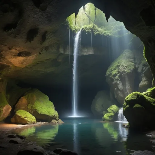 Prompt: (a) cave behind a waterfall, detailed rock formation, hidden entrance, sparkling water, moss-covered walls, mysterious atmosphere, beautiful natural light, shimmering water droplets, secret sanctuary, hidden treasures, serene atmosphere, immersive experience, tranquil sound of water, ethereal mist, echo of footsteps, enchanting environment, magical aura, sense of adventure, ancient artifacts, flickering candlelight, echoes of the past