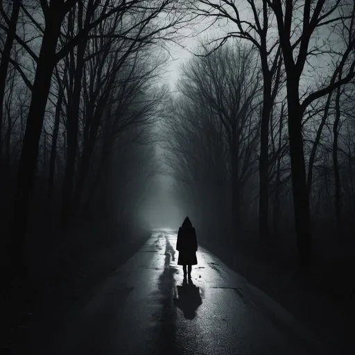 Prompt: the dark side of the road, eerie person silhouette, eerie thriller aesthetic!!!!, dark eerie photograph, dark eerie photo, u