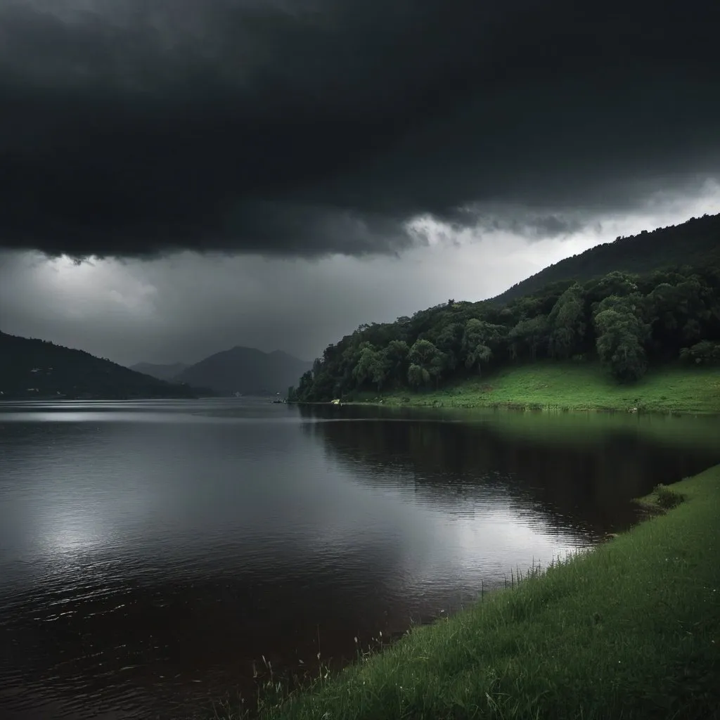 Prompt: "Dark and melancholic atmosphere by the lakeside with small hills, amidst pouring rain, under dark clouds."