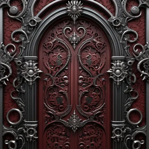 Prompt: gothic baroque design elements, ornate symmetrical patterns, fantasy door background, digital art in the style of Kienan Lafferty, inspired in the style of H.R. Giger and Michael Zooey, intricate dark red black leather with silver metal accents --ar 8:5 --s 750 --v 6.0