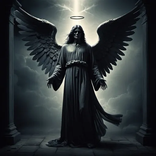 Prompt: Striking illustration of the Angel of Death., A mysterious and ethereal figure who guards the threshold between life and death.. His presence is enigmatic and powerful...., con alas inmensas que se extienden hacia el horizonte y una mirada penetrante que transmite serenidad y temor. He uses cool tones and deep shadows to emphasize his ethereal nature and his connection to the realm of death......(dark lighting), ( ethereal lighting),(Spectral illumination)