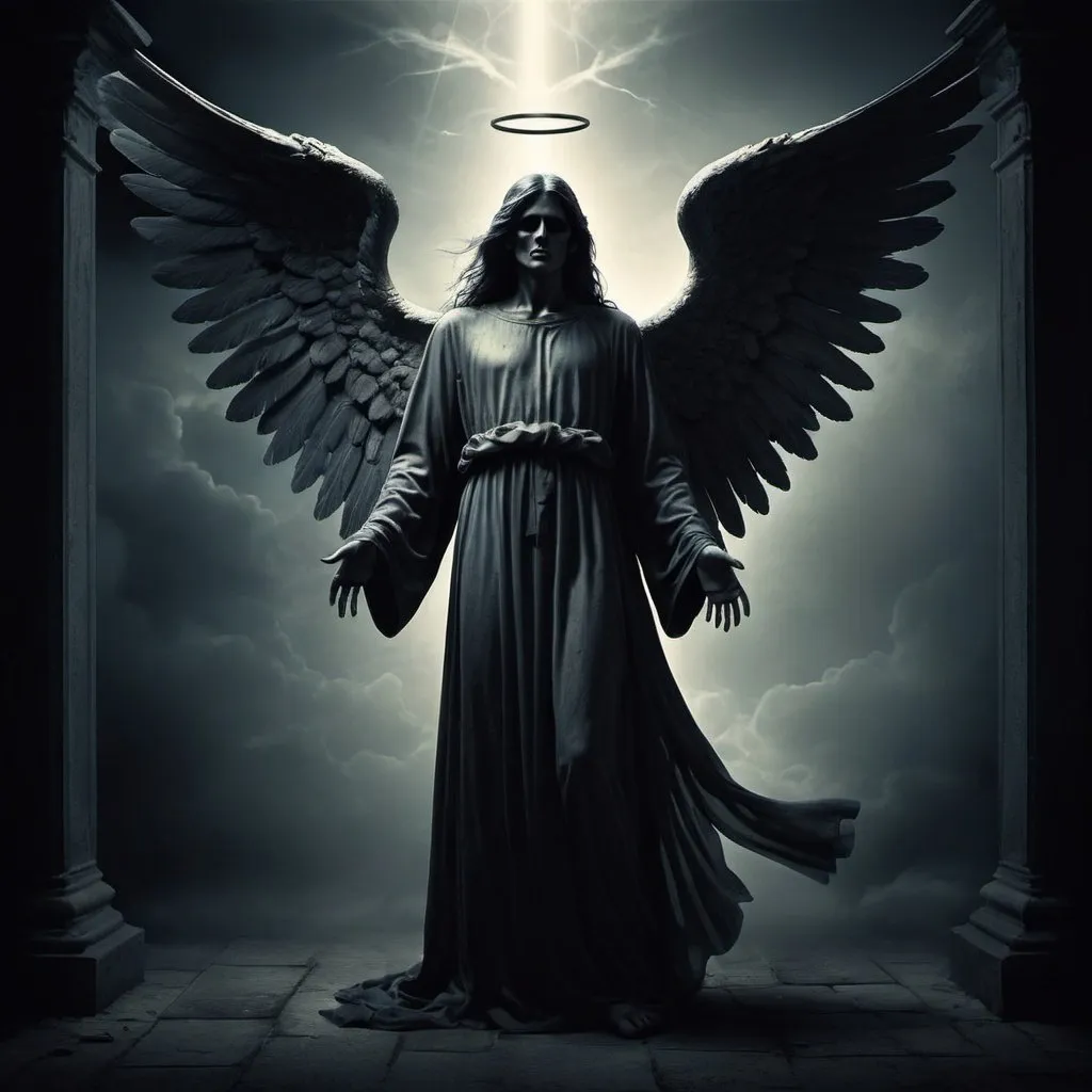 Prompt: Striking illustration of the Angel of Death., A mysterious and ethereal figure who guards the threshold between life and death.. His presence is enigmatic and powerful...., con alas inmensas que se extienden hacia el horizonte y una mirada penetrante que transmite serenidad y temor. He uses cool tones and deep shadows to emphasize his ethereal nature and his connection to the realm of death......(dark lighting), ( ethereal lighting),(Spectral illumination)