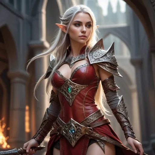 Prompt: high details, best quality, 8k, [ultra detailed], masterpiece, best quality, (extremely detailed), dynamic angle, ultra wide shot, photorealistic, fantasy art, dnd art, rpg art, realistic art, a wide angle picture of an epic female elf, arcane warrior, warrior of magic, fighter of the arcana, full body, [[anatomically correct]] full body (intricate details, Masterpiece, best quality: 1.6) casting a spell  (intricate details, Masterpiece, best quality: 1.5), casting an epic spell, [colorful magical sigils in the air],[ colorful arcane markings floating]  (intricate details, Masterpiece, best quality: 1.6) holding an [epic magical sword]  (intricate details, Masterpiece, best quality: 1.6) holding epic [magical sword glowing in red light]  (intricate details, Masterpiece, best quality: 1.6). in fantasy urban street ( (intricate details, Masterpiece, best quality: 1.6), a female, beautiful epic female elf, wearing elven leather armor  (intricate details, Masterpiece, best quality: 1.3), high heeled leather boots, ultra detailed face (intricate details, Masterpiece, best quality: 1.3), small pointed ears, thick hair, long hair, dynamic hair, fair skin intense eyes, fantasy city background  (intricate details, Masterpiece, best quality: 1.6), sun light, backlight, depth of field  (intricate details, Masterpiece, best quality: 1.3), high details, best quality, highres, ultra wide angle