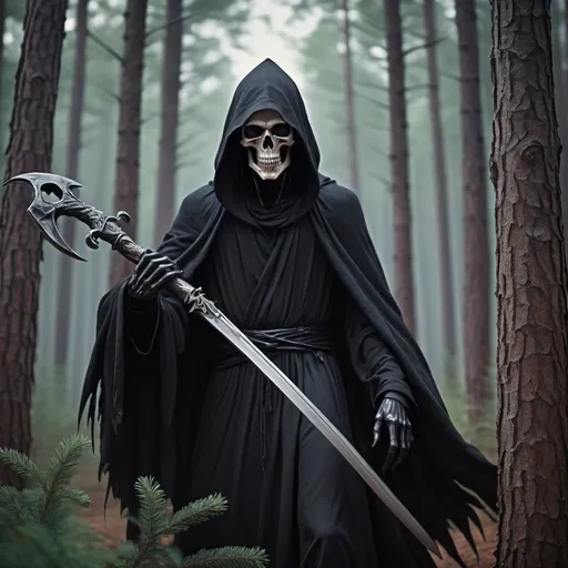 Prompt: A grim reaper  dark evil in the pine forest best quality, masterpiece, ultra high res, (photo realistic:1.4), surrealism, dream-like,V0id3nergy, a fantasy creature, Shadowdancer, shadow magic, darkness control, stealth, shadowstep, umbral spells, hidden blade,